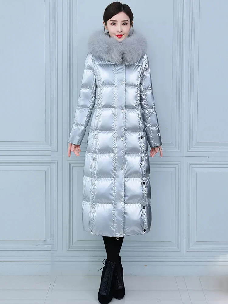New Women Wash Free Glossy Surface Down Coat Fashion Hooded Real Fox Fur Collar Thicken Warm Long Loose White Duck Down Overcoat