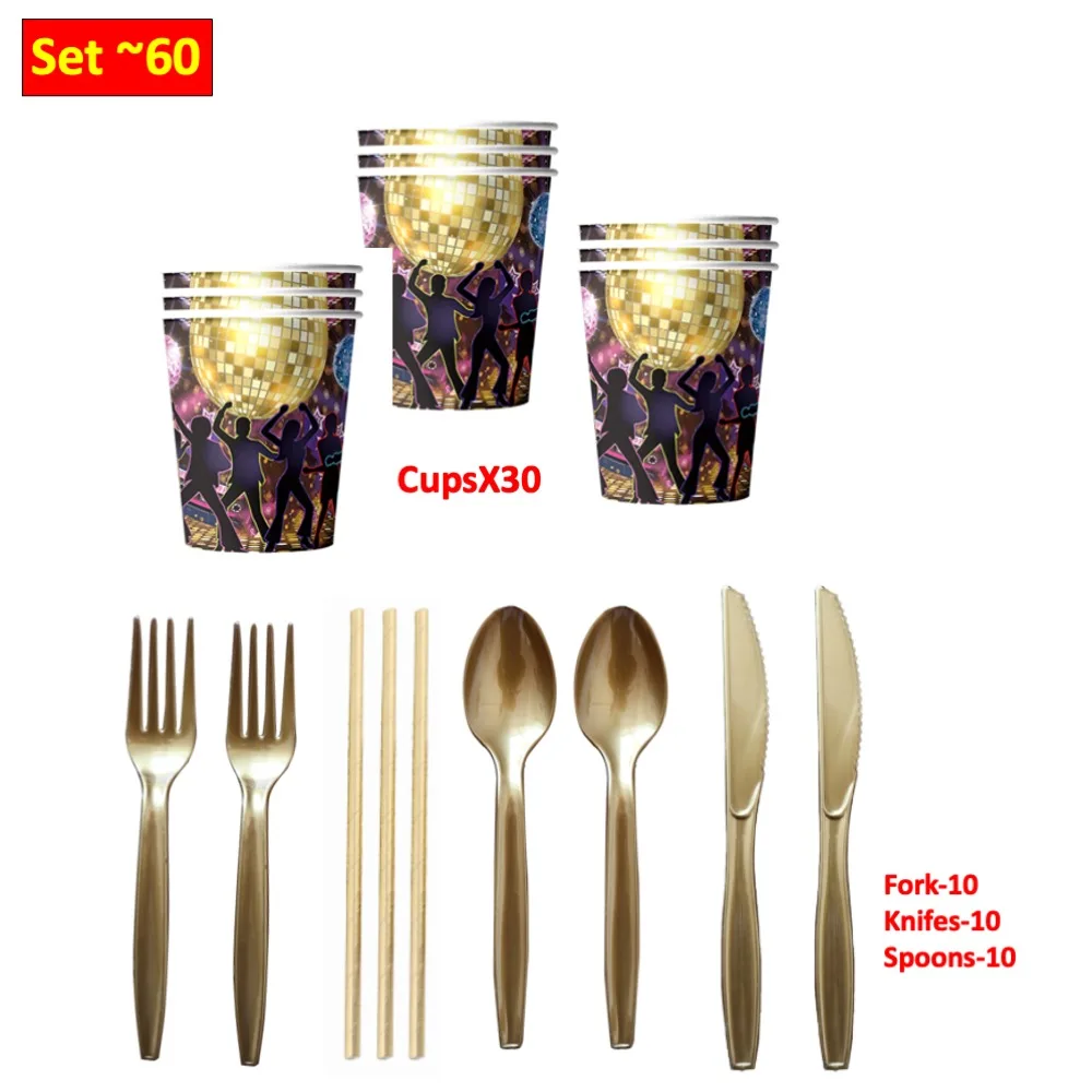 

Set 50 PCS Disco Dance Disposable Cups Fork Knifes Straws For Birthday Baby Shower Wedding School Day Celebration Dinner Party