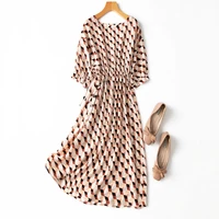 natural mulberry silk drawstring fashion dress summer with loose shoulder sleeves and modern lattice large round neck drawstring