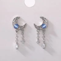 new trendy silver plated star moon tassel drop earrings for women blue opals white cz stone inlay fashion jewelry party gift