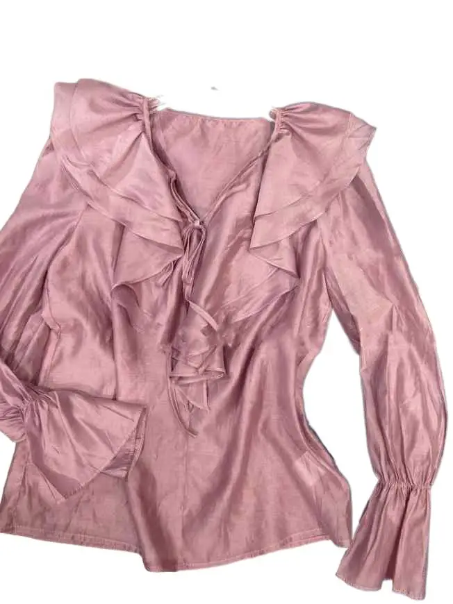 

Spring New Women Rayon Sweet Double Layer Lotus Collar Tops Necklace Tie Butterfly Sleeves Temperament Gentle Cozy Blouses