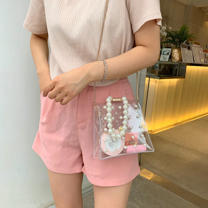 

PVC Fashion Pearl Handbag Transparent Jelly Bag Women PVCwoman One-shoulder Diagonal Bag Cross Chain Small Square Bag