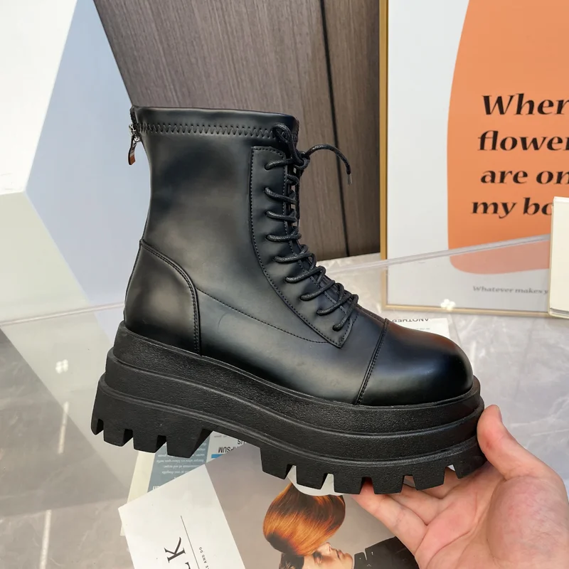 Boots Ladies New Lace Up Women's Round Toe Ladies Fall Rubber Lolita Ankle Leather Cross Botas Mujer Women Shoes Platform Shoes