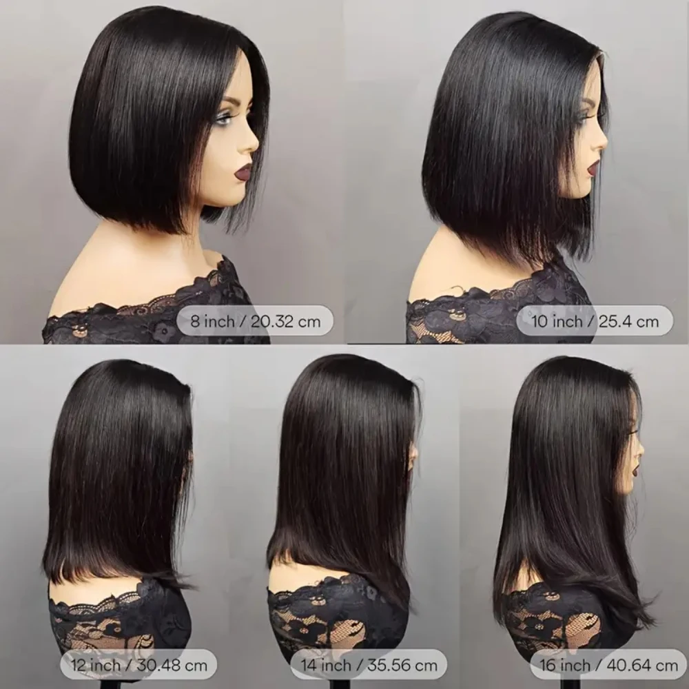 Натуральный Черный Боб Прямой Парик Человеческих Волос 13x1 Прозрачный Фронта