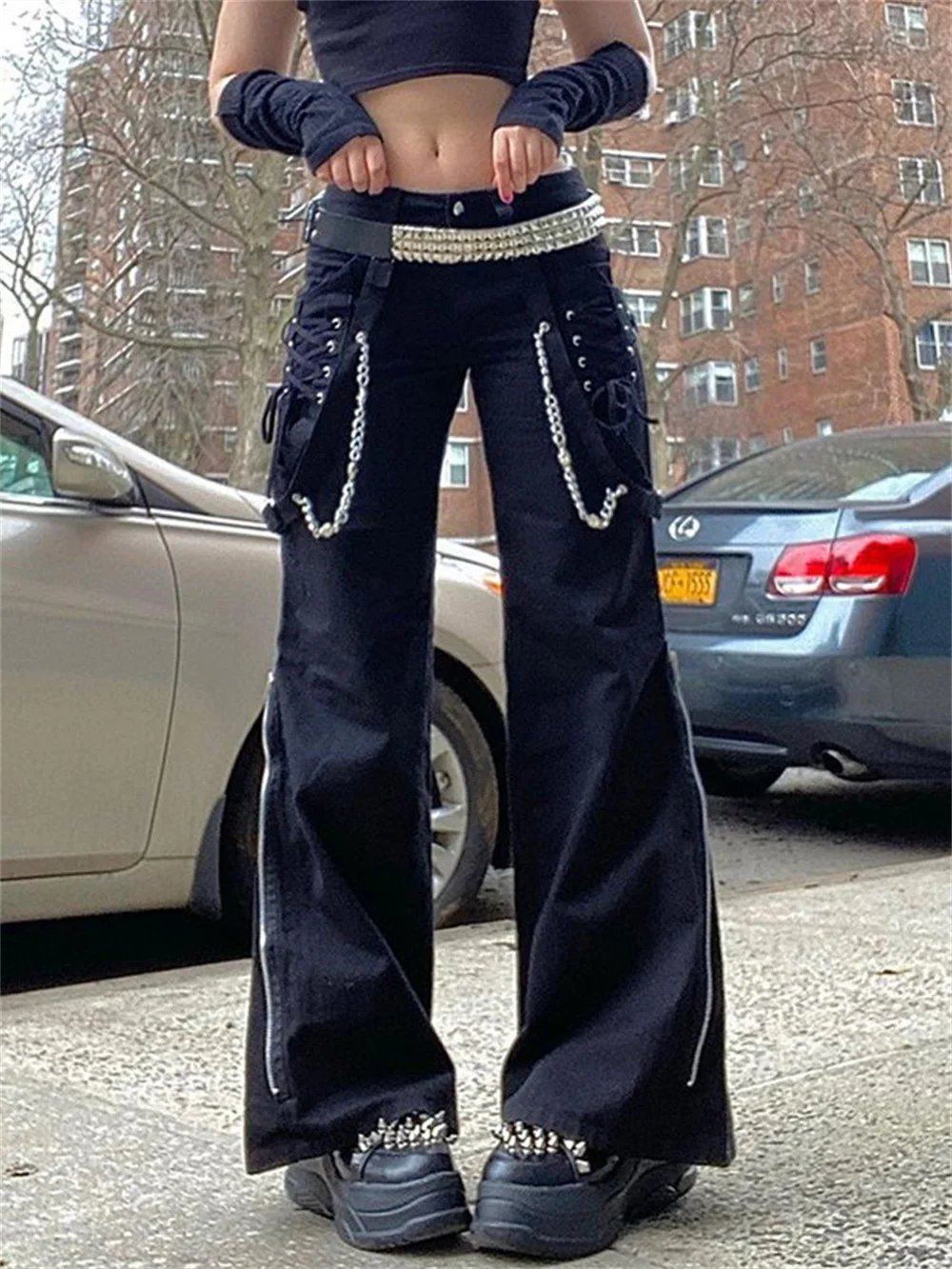 Gotik Alt siyah kargo pantolon zincir kaya serseri siber Techwear pantolon kadınlar için düşük bel Jogger kravat geniş bacak pantolon cyberpunk pantolon