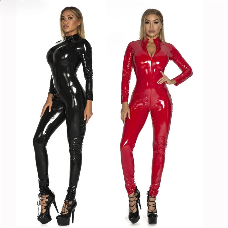 

Women Sexy Faux Leather Catsuit PVC Latex Bodysuit Front Zipper Open Crotch Jumpsuits Stretch Bodystocking Erotic Club Costumes