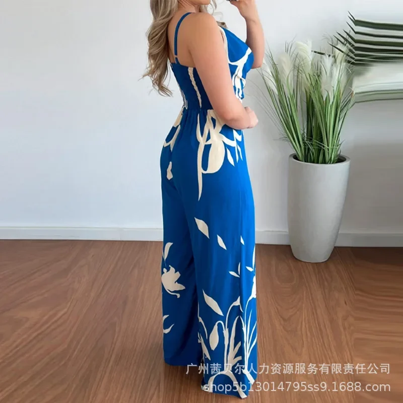 Tropical Print Sexy Swingneck Suspender Waist Wide Leg Jumpsuit for Women