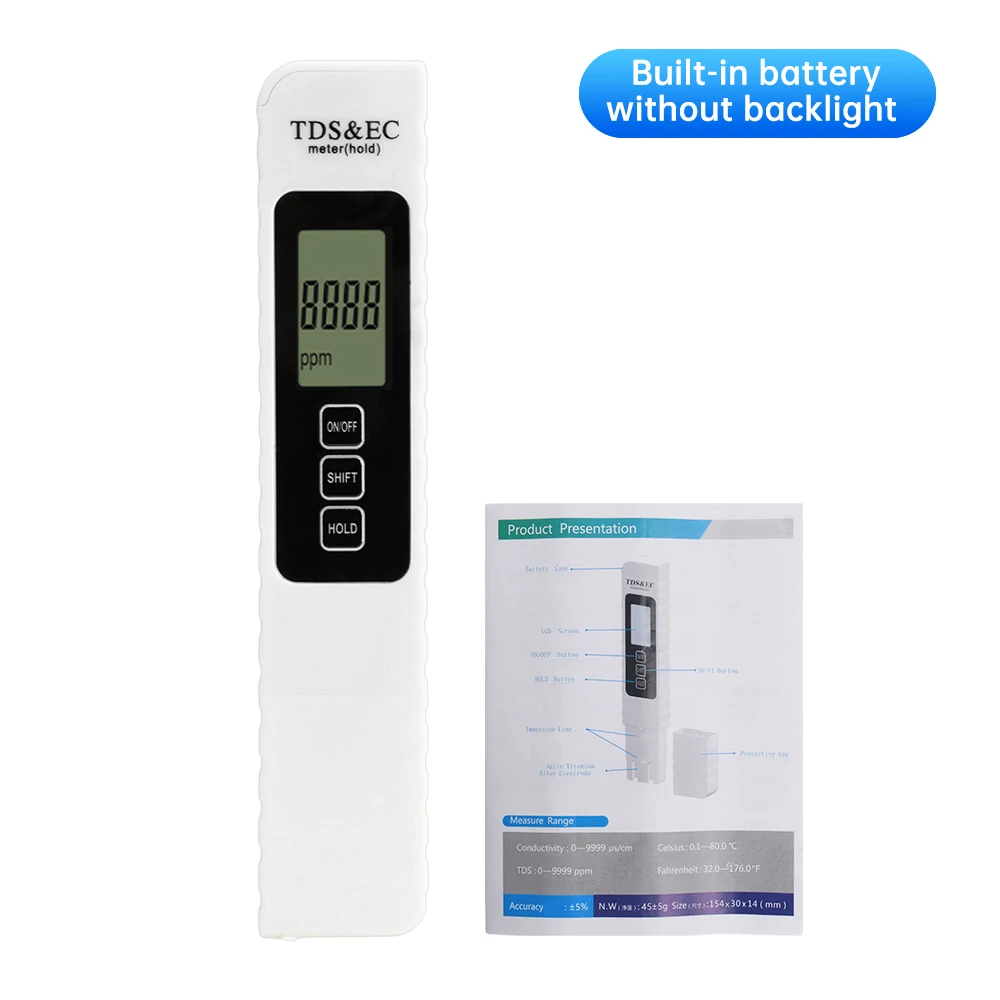 

0-9999ppm 3in1 PH-тестер Тестер качества воды TDS/EC/TEMP с подсветкой Тестирование качества воды Тестер проводимости качества воды