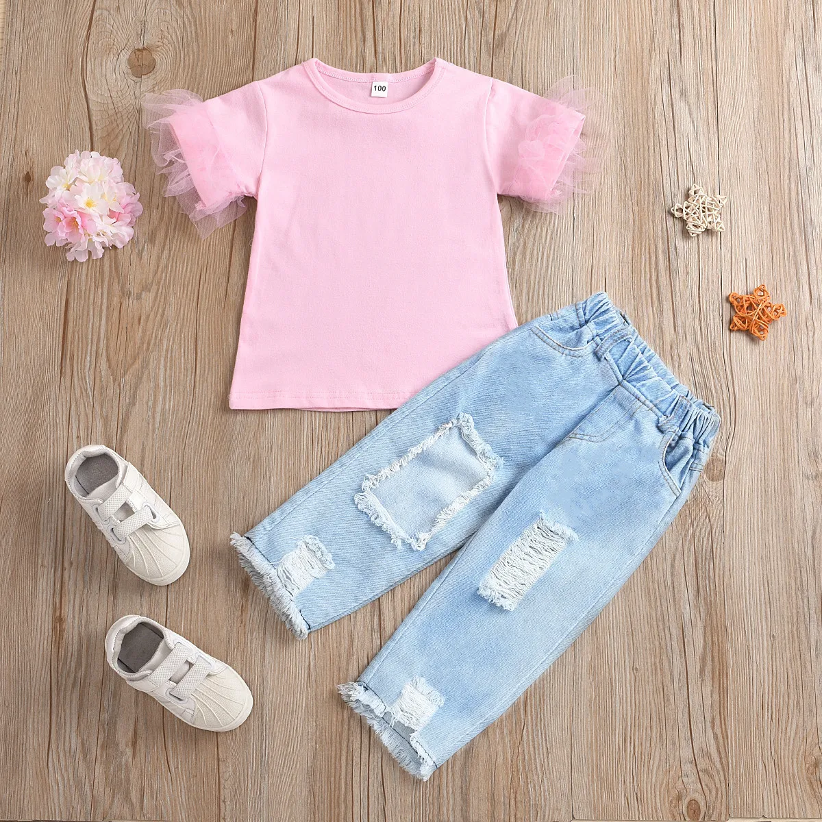 

Girls' Suit Medium and Small Children's Pink Round Neck Mesh Short Sleeve T-hole Denim Pants Children's Suit Baby Girl Clothes