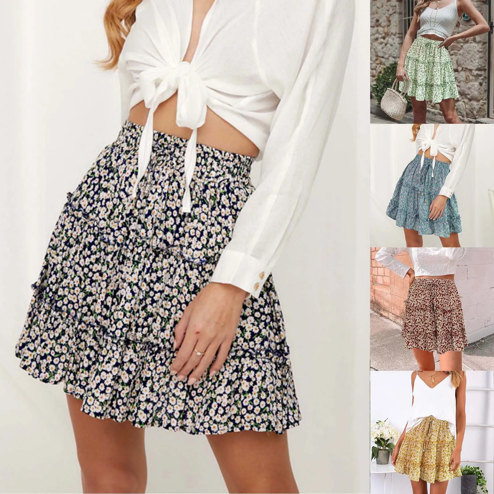 

Summer Floral Print Boho Sexy Mini Skirt Women Fashion High Waist Frills Short Skirt Female Casual Pleated Skirts Party Dress