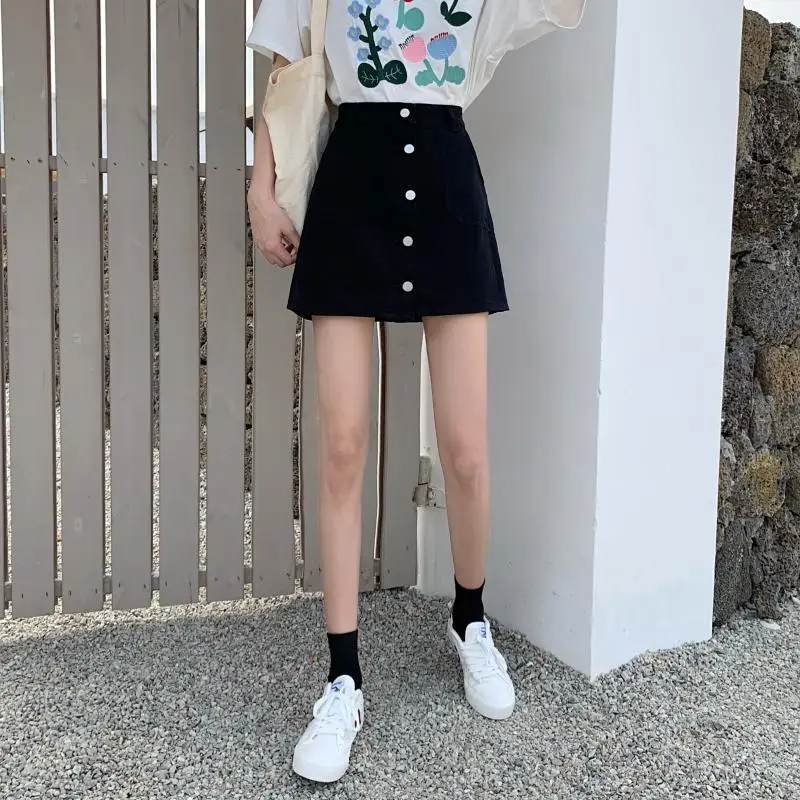 Denim Skirts Women Button Mini Streetwear Fashion Korean High Waist Females College Summer Faldas Largas Casual Vintage Retro images - 6