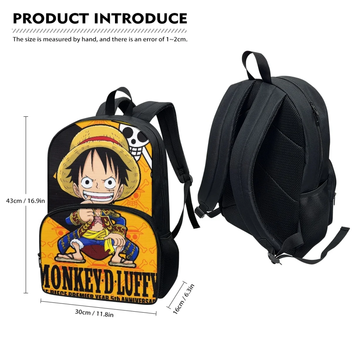 FORUDESIGNS Anime ワンピース Luffy 17 Inch Backpack for Kids High Quality Front Pocket Zipper Fashion School Bags Children Bookbags