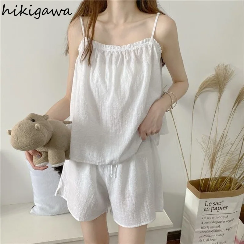 Hikigawa Pijamas De Mujer Summer 2 Piece Set Sleeveless Solid Color Thin Sleepwear Women Cute Sweet Fashion Conjuntos Pijama |