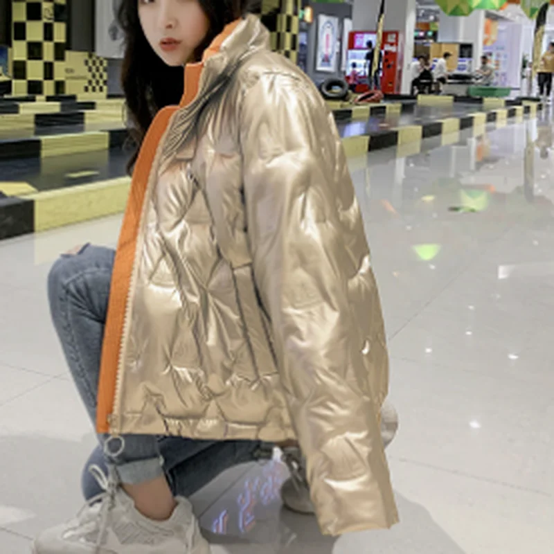 Bright Face Detachable Sleeves Hooded Stand-up Collar Down Bread Padded Jacket Women 2022 New Winter Color Loose Padded Jacket