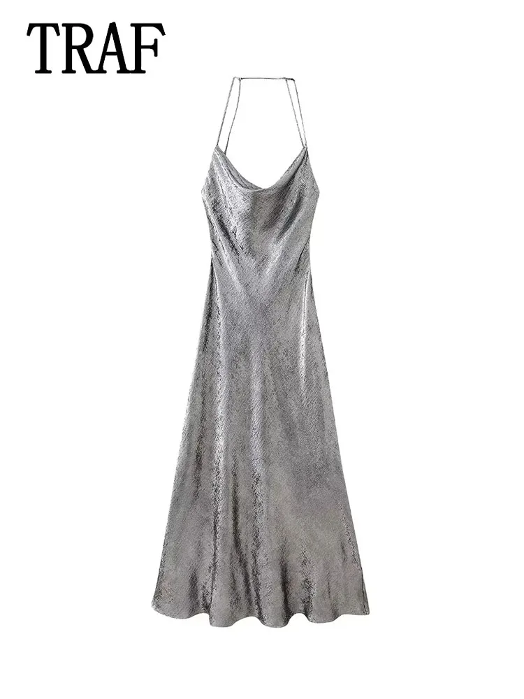 

TRAF 2024 Metal Foil Silk Texture Sling Midi Long Dress Woman Sleeveless Sling Dress Female Causal Elegant Dresses