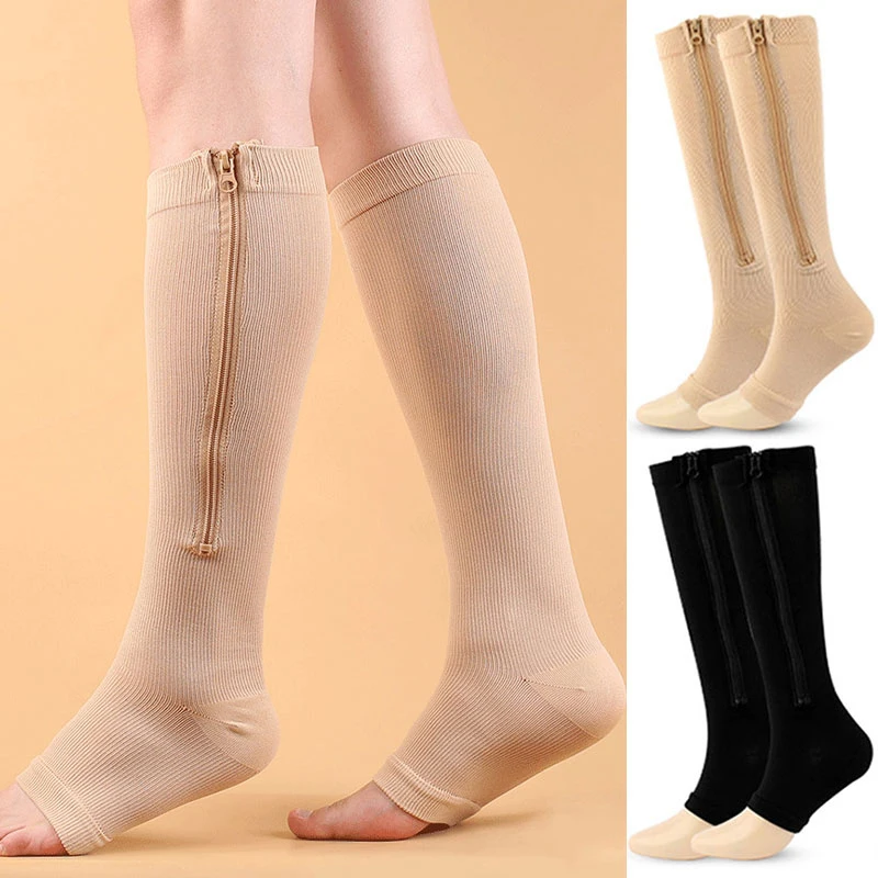 

Compression Socks Anti-Fatigue Stretchy Sox High Socks Men Women Support Knee Zipper Socks Female Open Toe Thin Unisex Socks