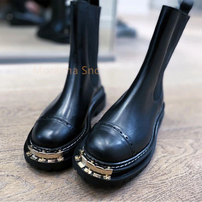 Thick Sole Ankle Boots for Women British Style Short Boots Round Toe Metal Decor Female Shoes Chelsea Boots Spring Autumn