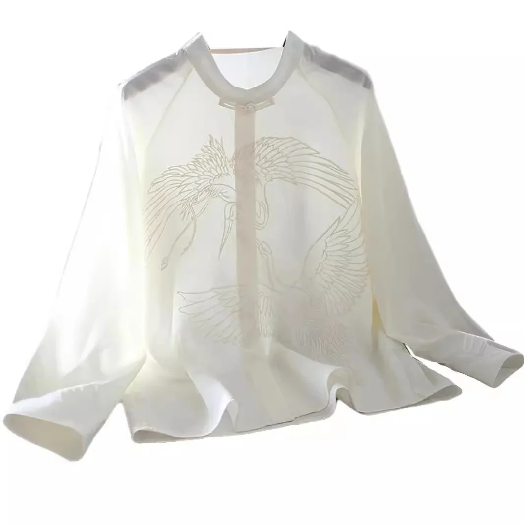 Элегантный шифоновый воротник-стойка с длинными рукавами и вышивкой