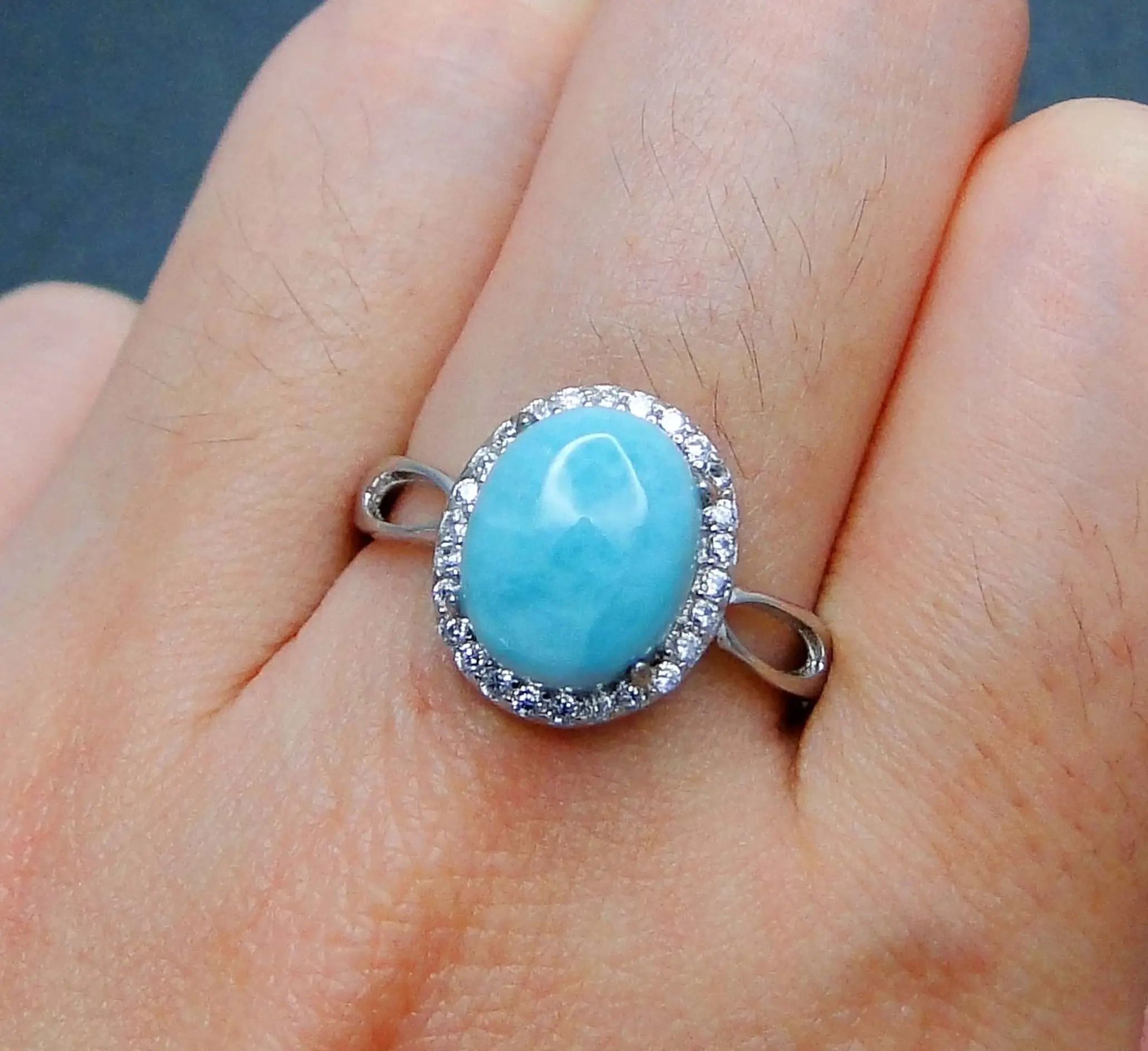 

Natural Dominica Larimar Ring 925 Sterling Silver Halo Rings Oval Cut 8x10mm Engagement Wedding Rings Women's Jewelry