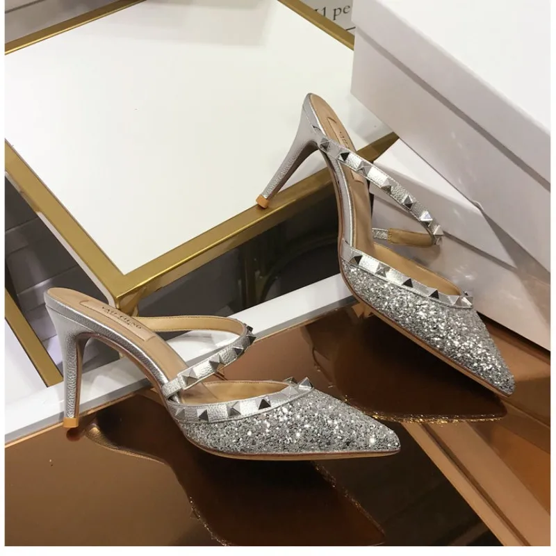 Genuine Leather Gladiator Pumps Sandals Luxury Metal Rivets Summer Women Outdoor Slippers Black Fashion Ankle Strap High Heels41