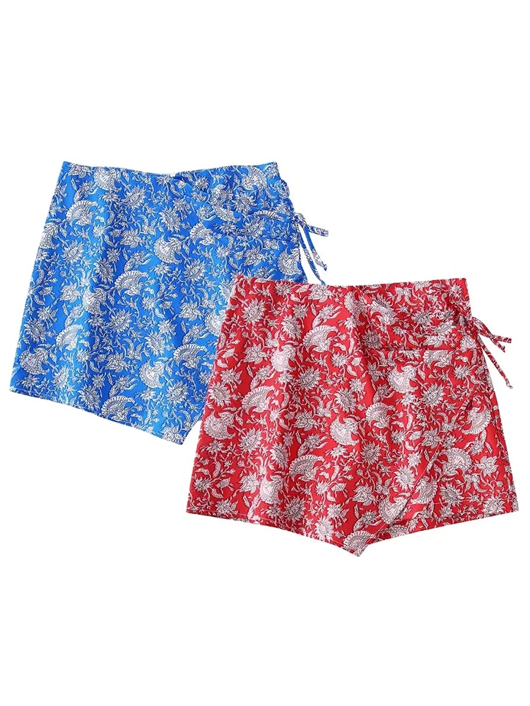 

Boho Vintage Printed Shorts 2022 Summer Fashion Beach Casual Vacation Hakama Women Lace Up Chic Pants