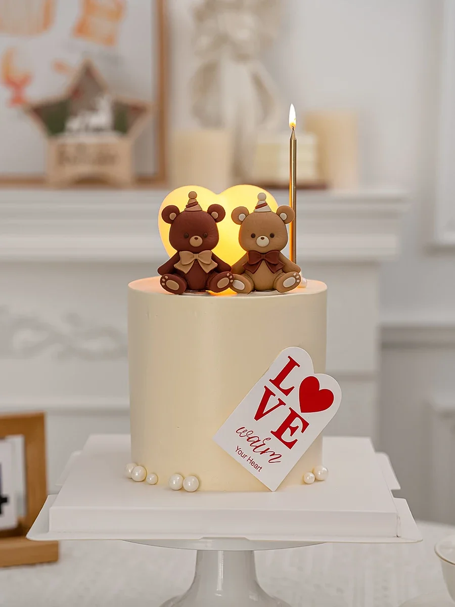 

Birthday Cake Decoration Netflix Bow Bear Soft Rubber Ornament Earth Color Foam Ball Valentine's Day Cake Topper Insert Sign