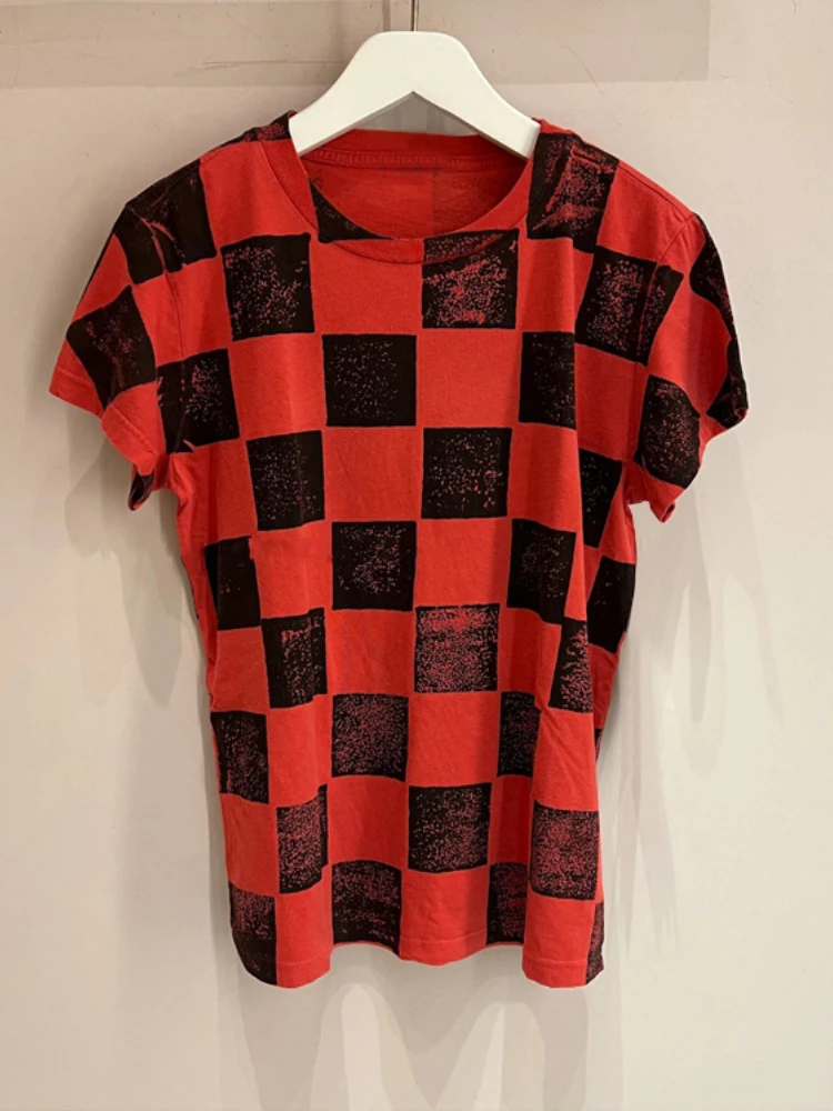 

Women T-shirt 2022 Summer New Slim T-shirt Women Red and Black Checkerboard Short-sleeved Casual Top
