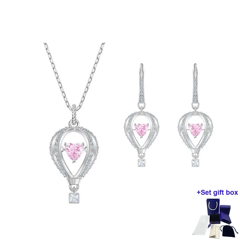 

S New High Quality Jewelry Silver Hot Air Balloon Smart Pink Heart Crystal Necklace Earrings Set Fashion Ladies Jewelry