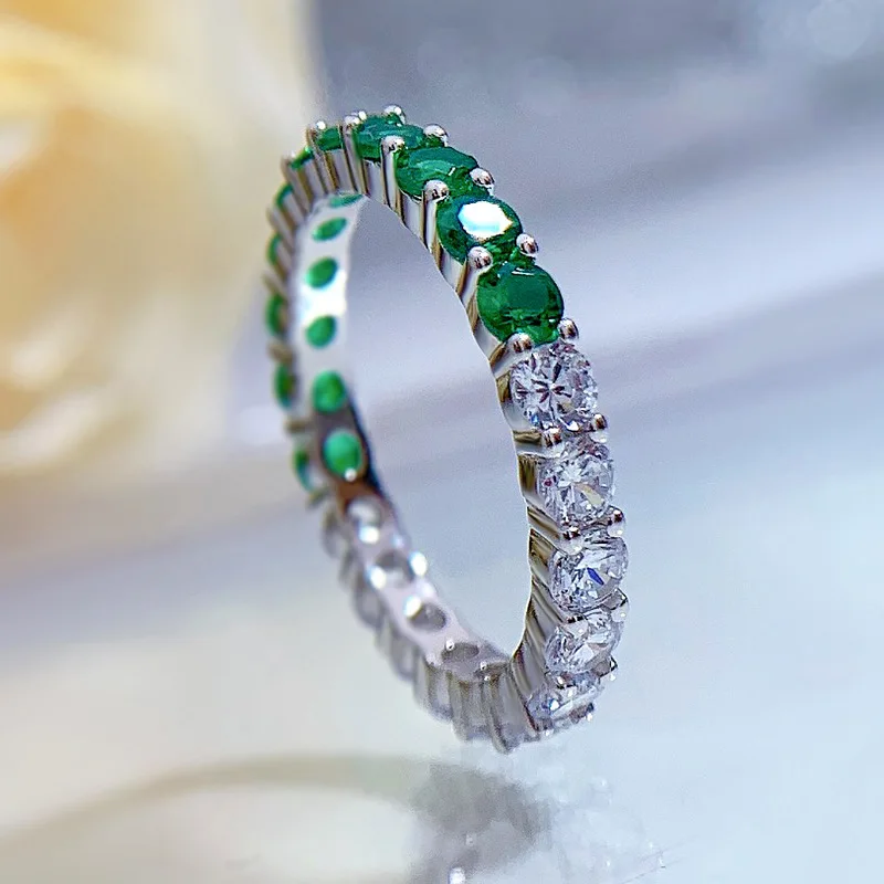 

New S925 Silver Ring White Green Full Diamond Ring Ring Female Fashion Jewelry 5A Zircon