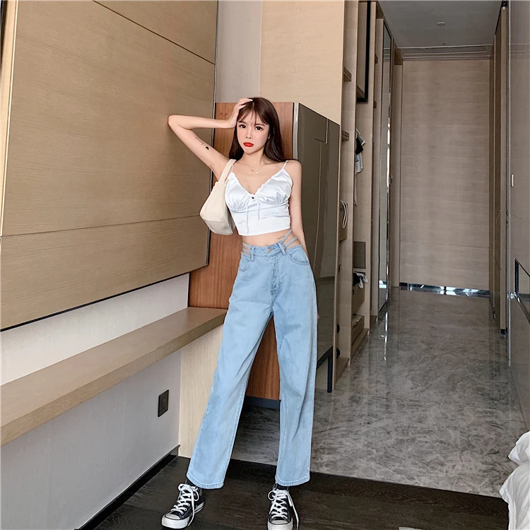 N1111    New Retro High Waist Side Hollow Sexy Versatile Drape Wide Leg Pants Jeans Jeans