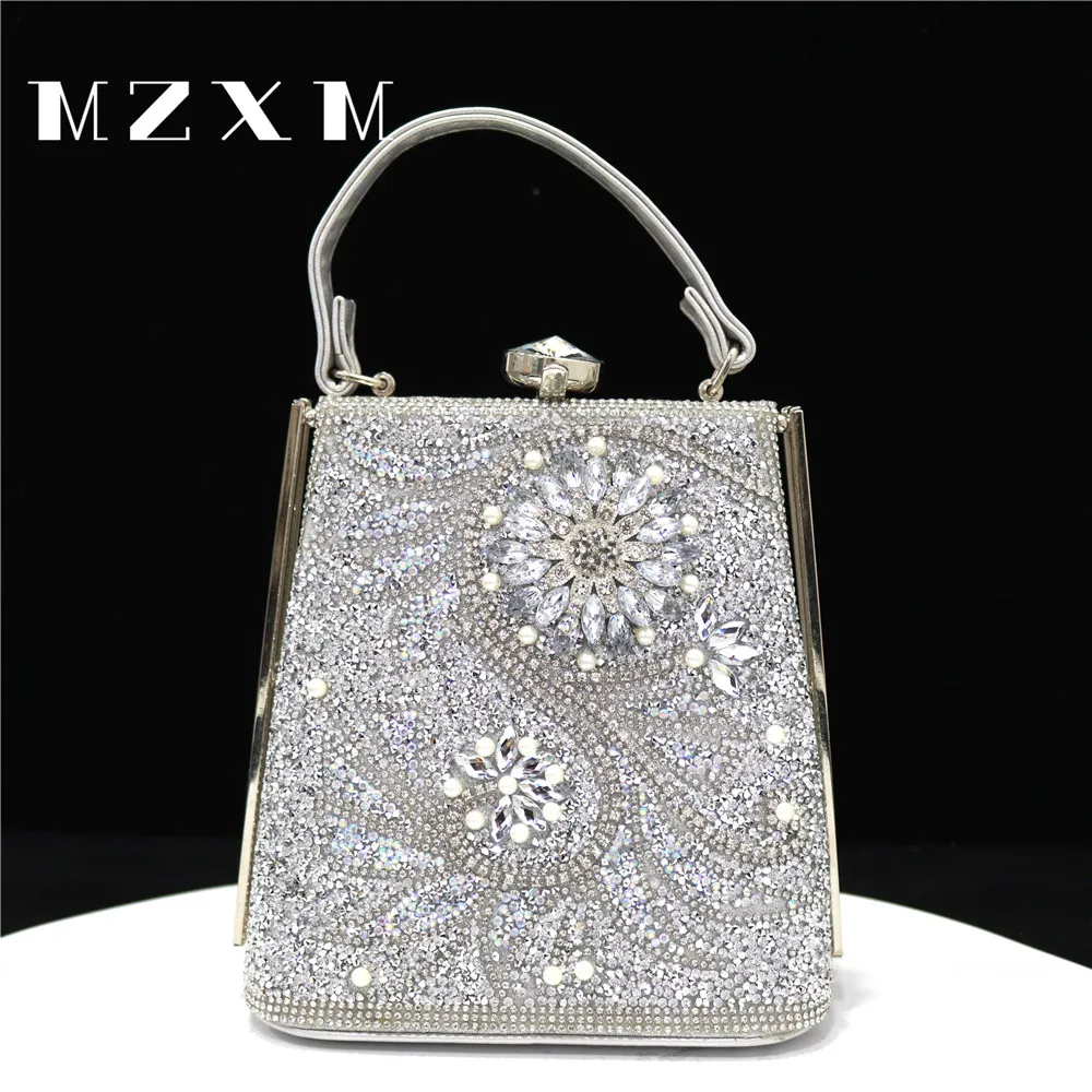 

Women's Fashion Silver Luxury Party Evening Bag Opening Water Diamond Print Pearl Women's New Arrival Day Handbag