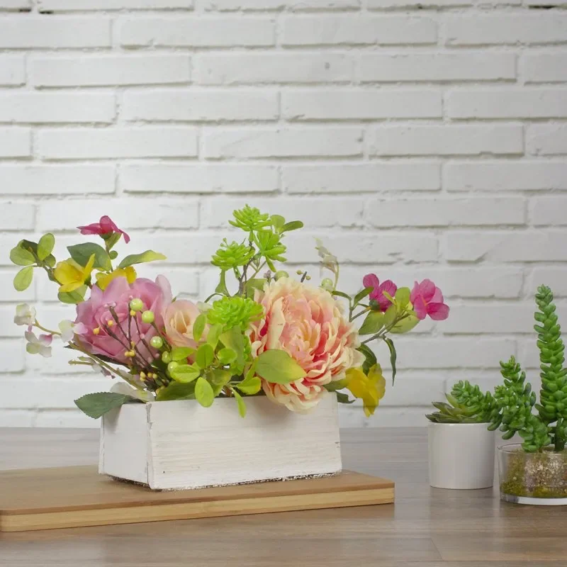 

Unique and Vibrant Artificial Flowers Arrangement of Pink, Yellow Roses and Peony in Planter Decor for Home and Office.