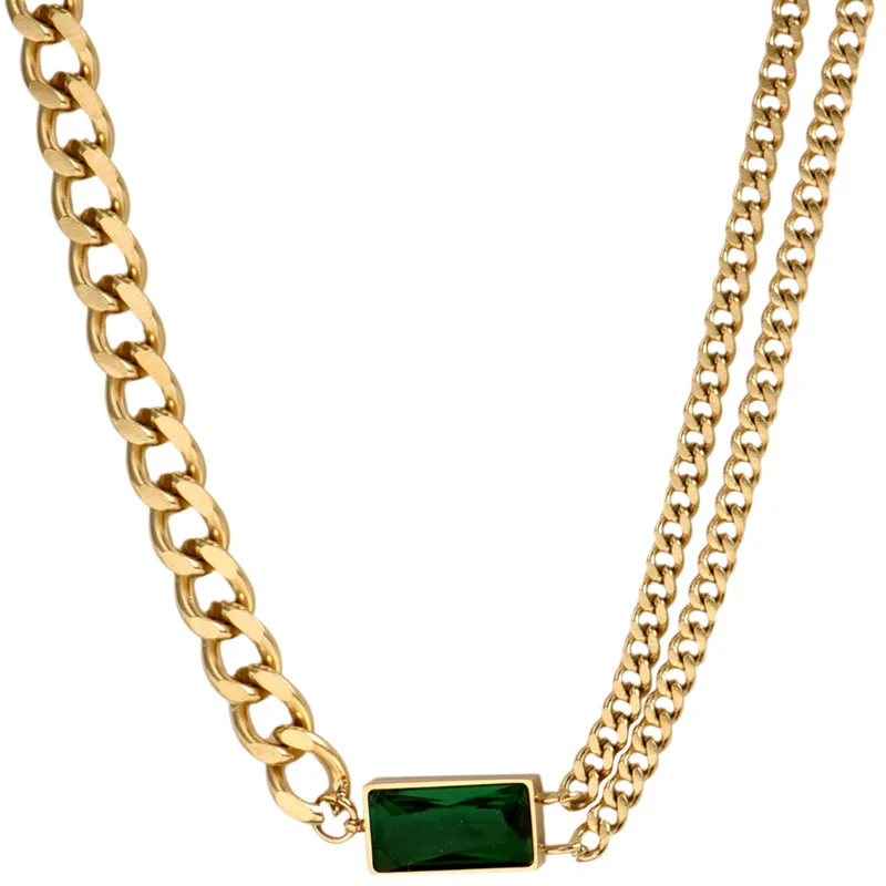 

Vintage Chain Necklaces For Women Accessories Stainless Steel Necklace Choker Bracelets Green Rhinestone Charm Korean Trend 2023