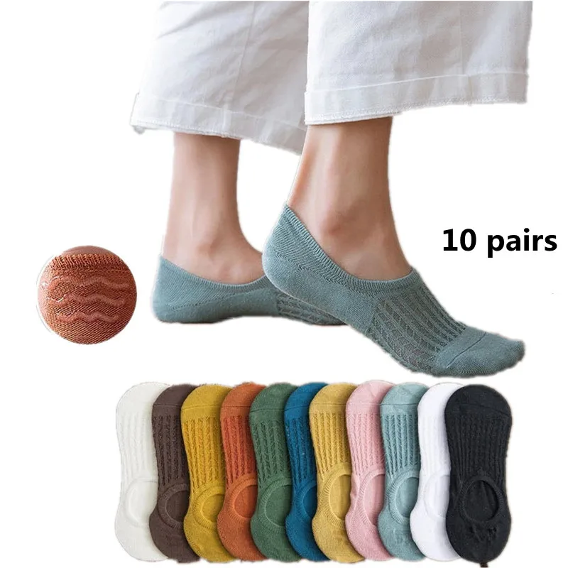 10pairs 2023 Womens Socks Women Invisible Boat Socks Summer Toe Socks Silicone Non-slip Ankle Low Female Cotton Show Breathable
