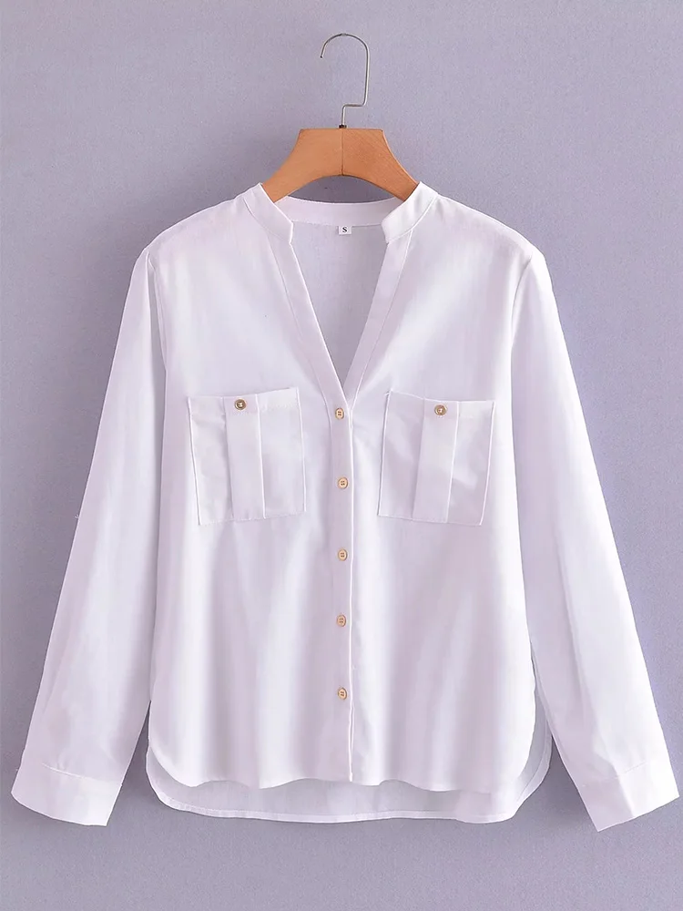 

Женская рубашка с длинным рукавом, отложным рукавом и карманами