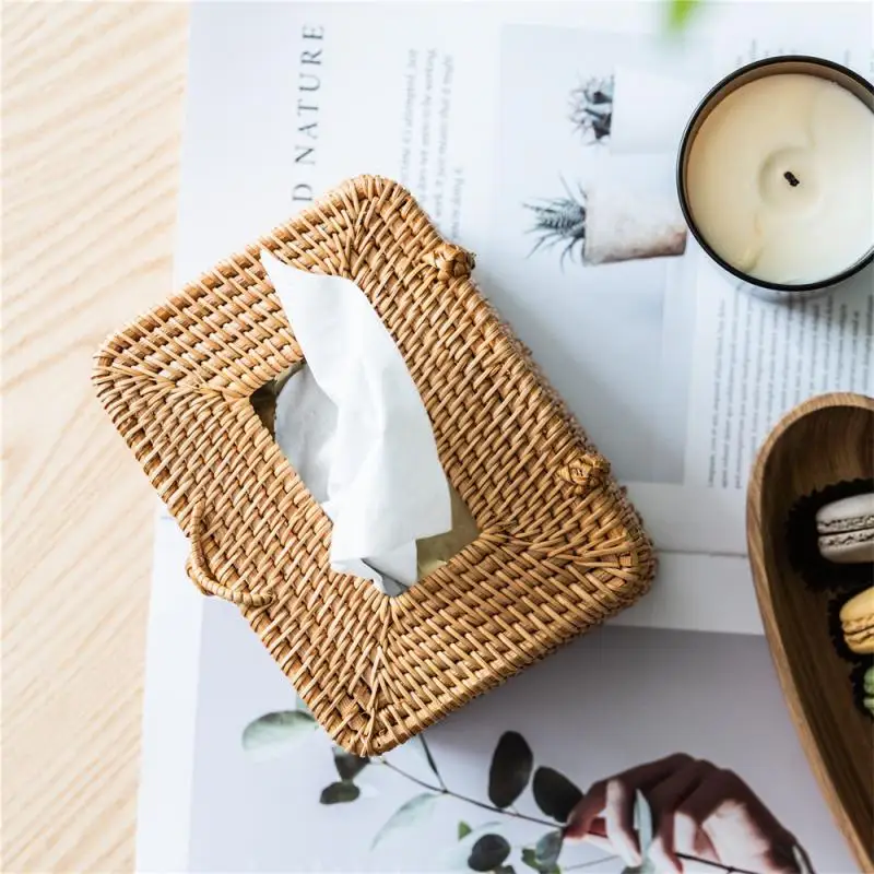 

S Desktop Finishing Pastoral Art Organization Multi-functiona Straw Tissue Box Rattan Roll Paper Tray Handmade Woven