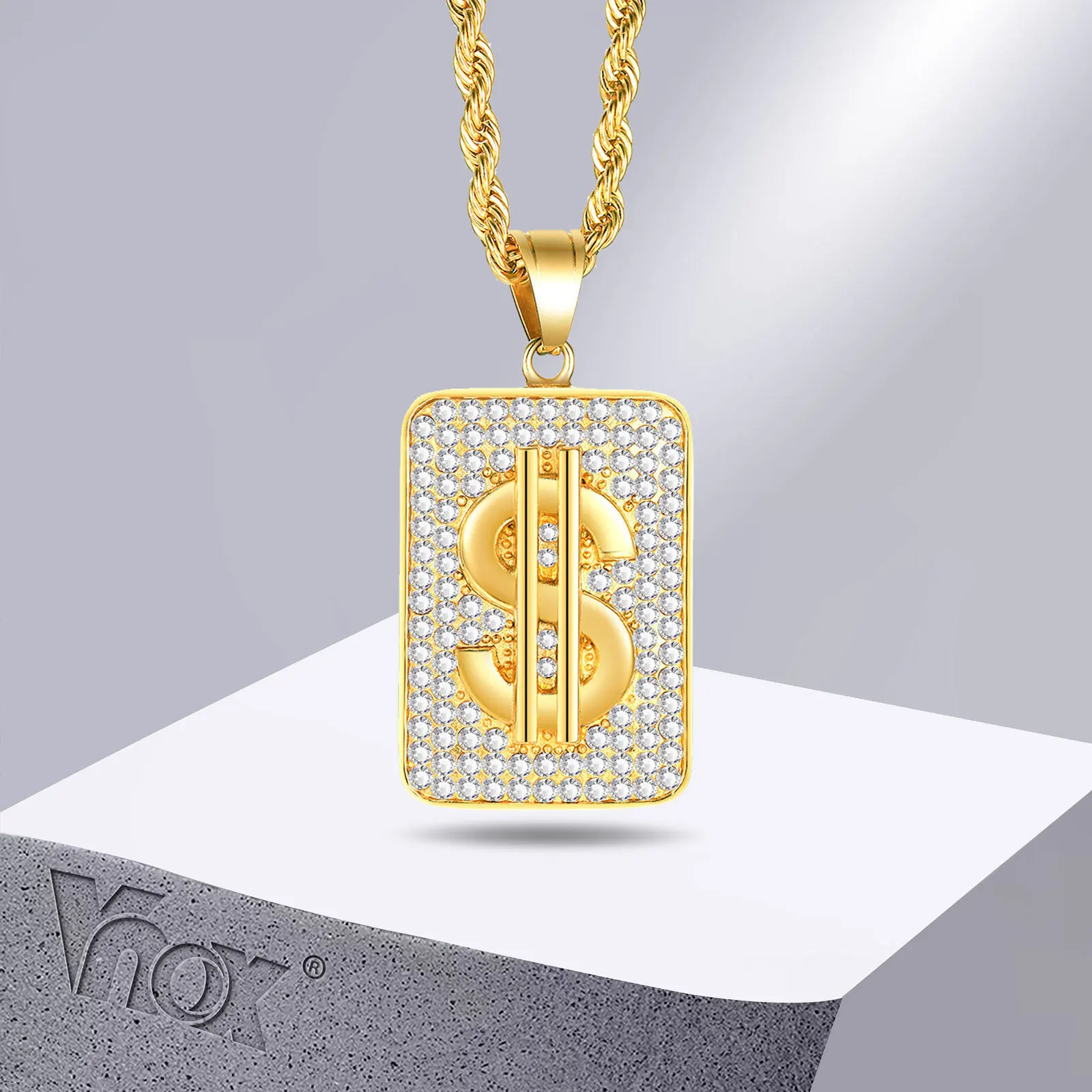 

Vnox Heavy Chunky Necklace for Men,Gold Color Stainless Steel Dollar Pad with Bling AAA CZ Stones Pendant, Punk Rock Boy Jewelry