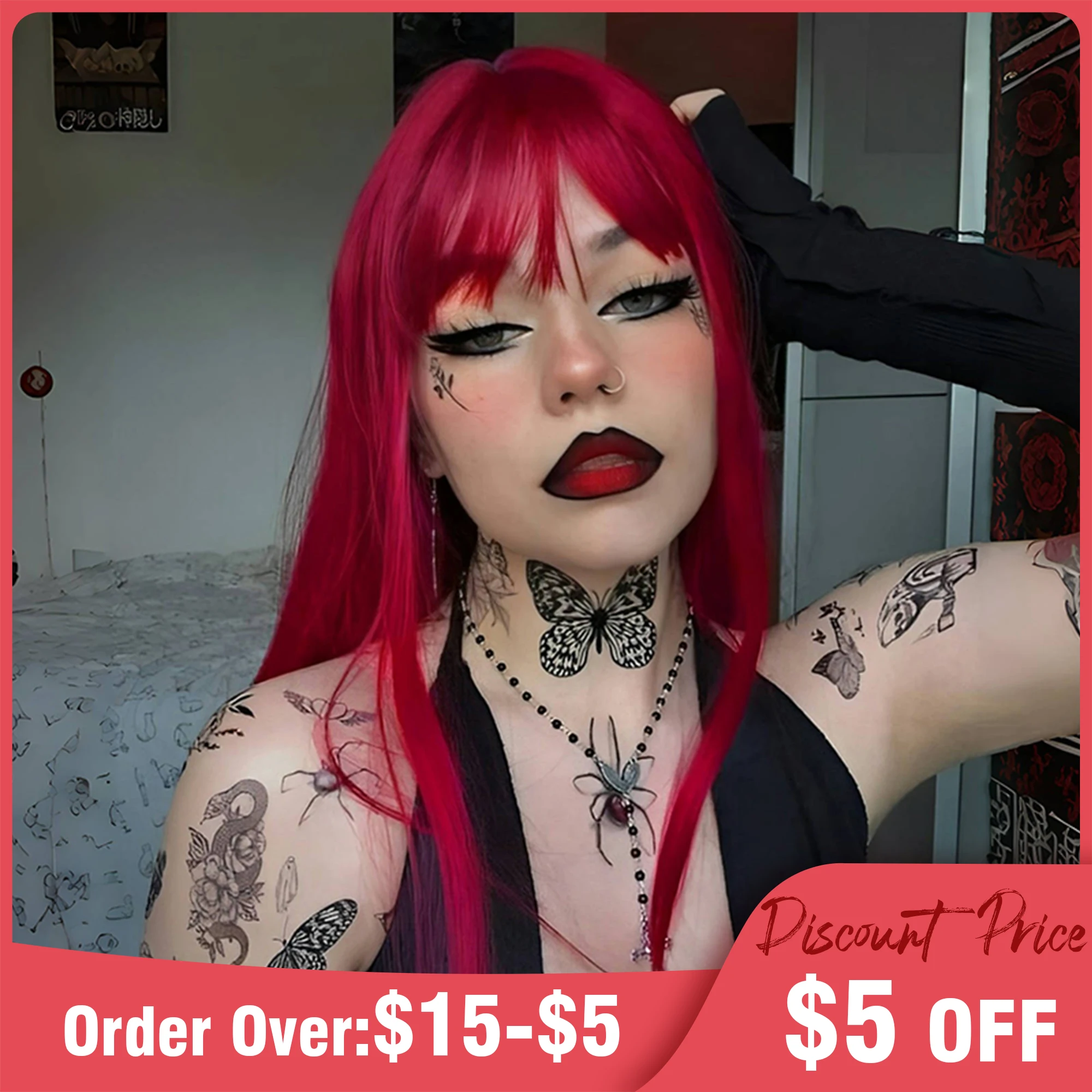 Готический парик Длинные прямые красные парики с челкой Синтетические бордовые