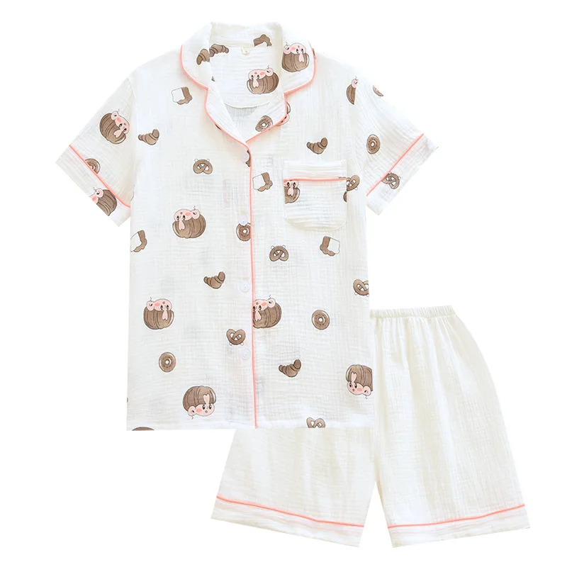 

Летняя тонкая женская пижама с коротким рукавом, шорты, одежда для сна, мультяшная модель, двойная марлевая Пижама для женщин, комплект женс...