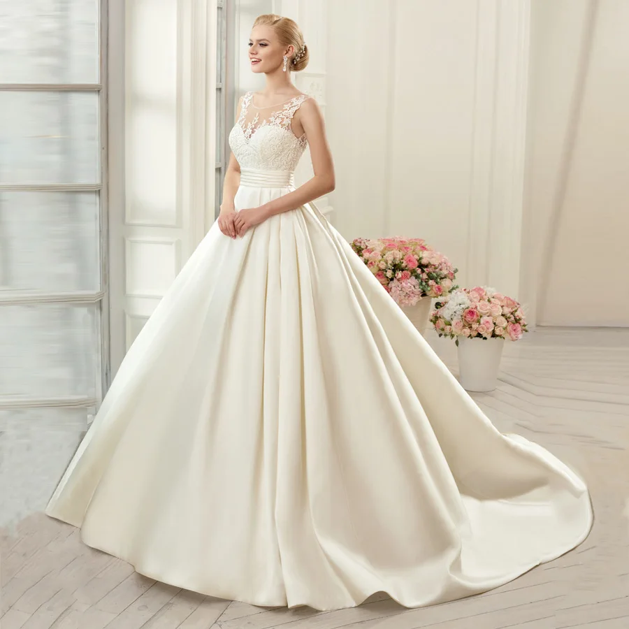 

Classic Wedding Dress Scoop Neck Sleeveless Lace Applique Satin Ball Gown Bride Dresses Backless Vestido De Noiva Mariage Dress