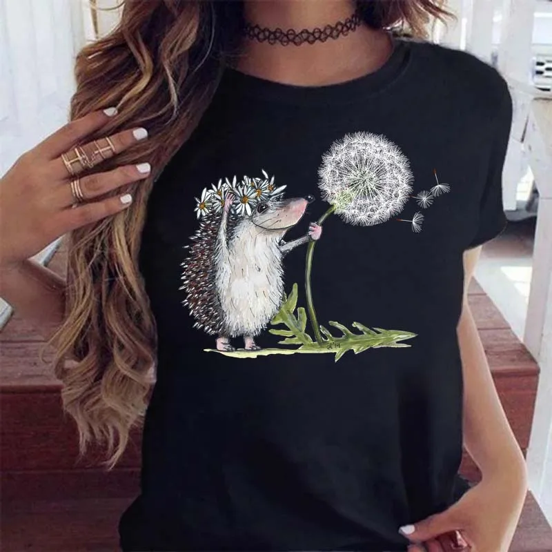 

Cute T-shirt Female Hedgehog Dandelion Print Tshirt Summer Casual Short Sleeves Tee Tops Kawaii Women Tshirt Streetwear