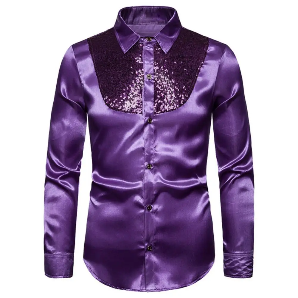 

Men Shirt Tops Solid Color Long Sleeve Shiny Sequins Buttons Stage Business Nightchlub Shirt