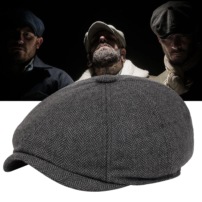 

Newsboy Hat Men Beret Dark Grey Celebrity Caps Vintage Tweed Peaky Blinders Berets Flat Peaked Cap Street Hats for Men Women
