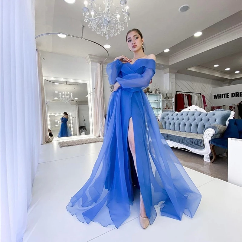 

UZN современные синие вечерние платья-трапеции из органзы с открытыми плечами с длинными рукавами-фонариками платье для выпускного вечера с высокими боками