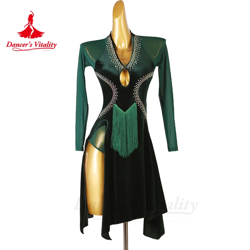 

Женские платья для выступлений для латиноамериканских танцев, сетчатые юбки с длинными рукавами, Румба, костюм для соревнований для взрослых и детей, юбки для латиноамериканских танцев