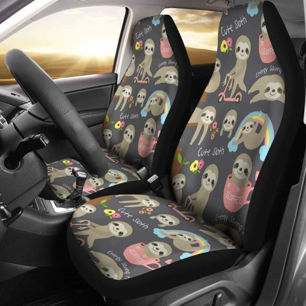 Cute Sloths Daily Activity Sloth Car Seat Covers Pack of 2 Universal Front Seat Protective Cover