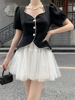 summer french vintage 2 piece set women puff sleeve beading shirt crop top mini skirts sets korean fashion two piece suits
