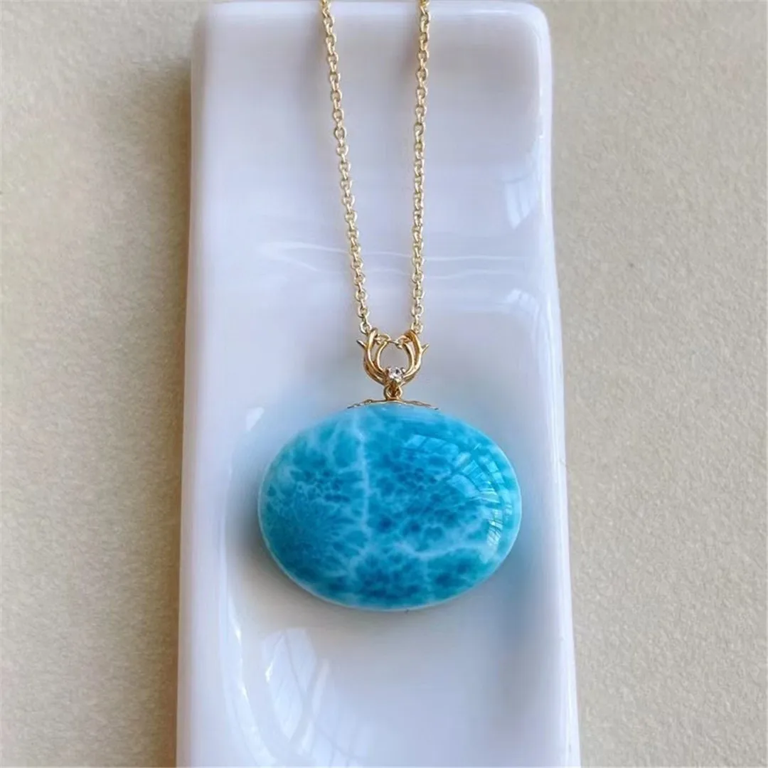 

Natural Larimar Stone Pendant 18K Gold Jewelry For Women Man Gift 21x17x10mm Beads Dominica Water Pattern Gemstone Crystal AAAAA