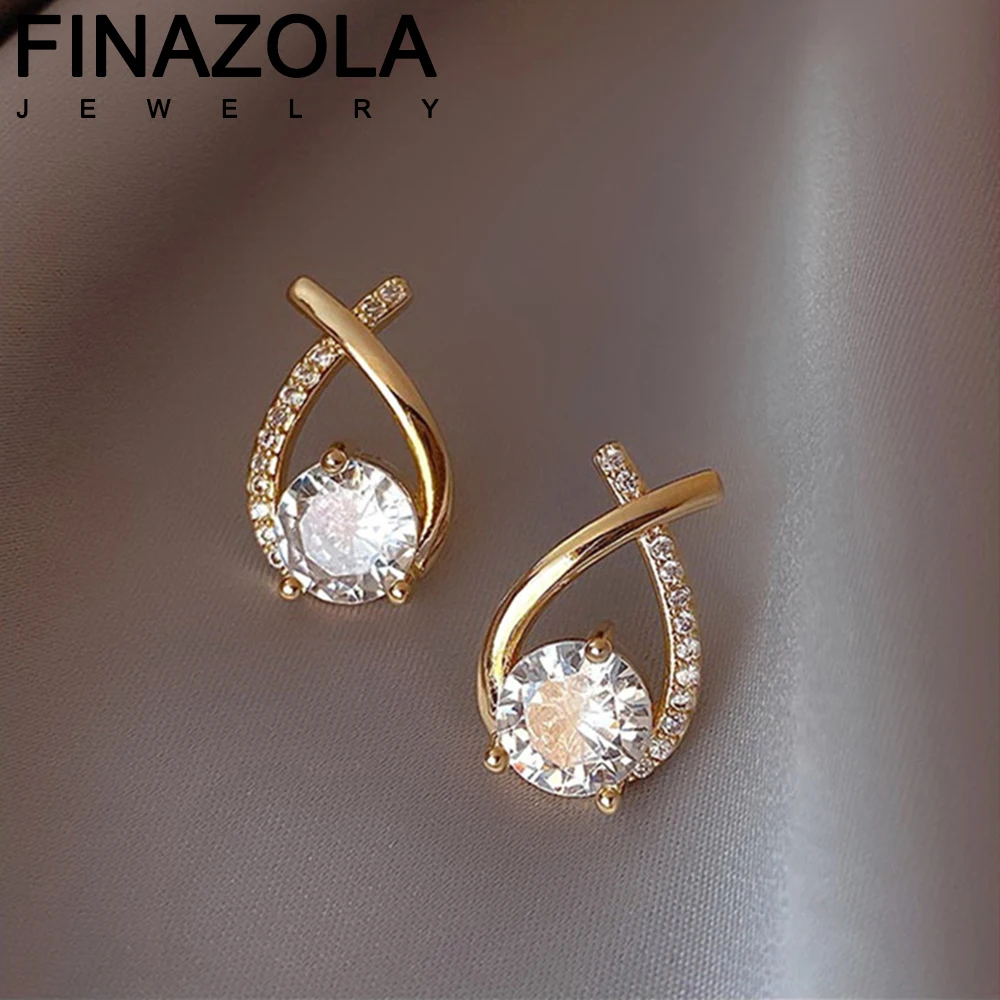 

FINAZOLA New Cross Zircon Stud Earing For Women Wedding Party Jewelry Korean Fashion Girl's Luxury Ear Accessory