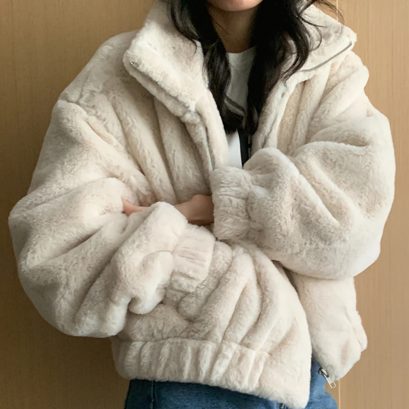 Clothland Women Chic Fur Coat Zipper Stand Collar Long Sleeve Jacket White Gery Casual Thick Winter Coats CA416